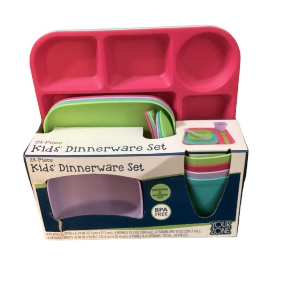 NIB YOUR ZONE 24 PC KIDS DINNERWARE SET 4 PLACE SETTINGS IN BRIGHT PASTEL TONES